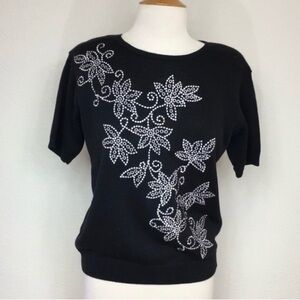 Vintage Alfred Dunner Black Floral Embroidered Crew Short Sleeve Knit Sweater SP